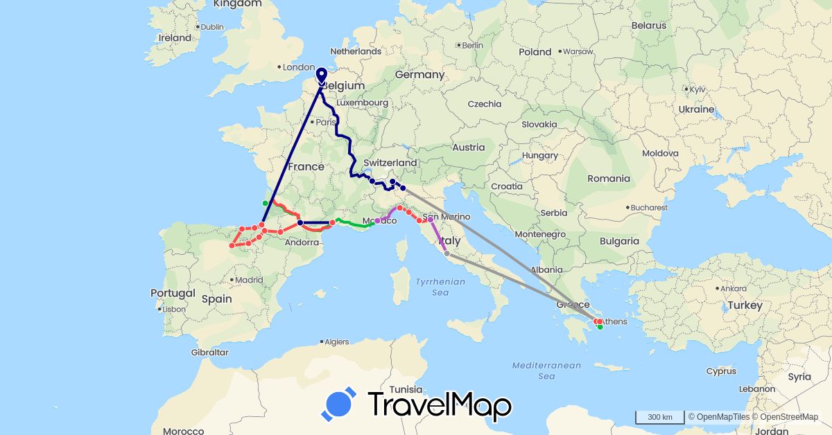 TravelMap itinerary: driving, bus, plane, train, hiking in Spain, France, Greece, Italy (Europe)
